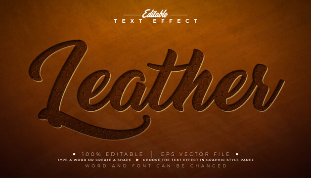 Leather Editable Text Effect Design Vector Graphic Style with Vintage Cut Out Skin Texture Typography Lettering on Brown Background. Scalable Embossed Craft Illustration Template for Banner, Flyer