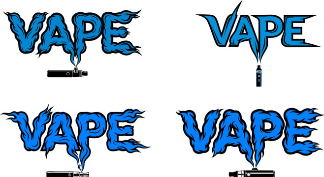 PrintCollection of four stylized graphic designs prominently featuring the word vape integrated with wispy blue smoke clouds and electronic cigarette illustrations.