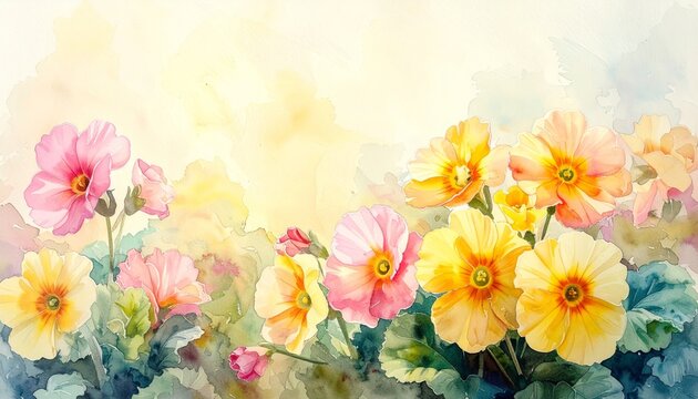 Watercolor Painting of Yellow and Pink Primroses with Abstract Background