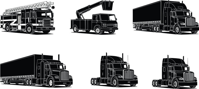 Truck silhouettes collection featuring fire engine, bucket crane truck, semi trailer and cargo transport vehicles, heavy duty transportation set isolated on white background