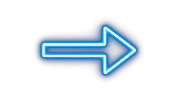 Blue bright color light neon arrow pointer pointing right with glowing effect on transparent background for designson black background