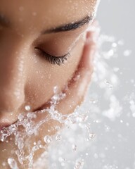 Fototapeta premium Splashing cold water on face, invigorated feeling, fresh start after recovery