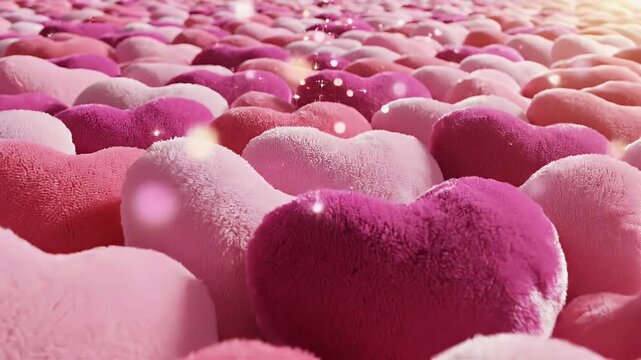 Plush Heart Cushions with Sparkling Light - A vibrant scene of soft, plush heart-shaped cushions in varying shades of pink and purple, creating a cozy and warm atmosphere.
