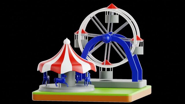 Amusement Park Scene with Carousel and Ferris Wheel