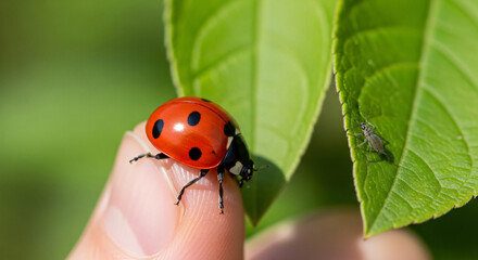 Fototapeta premium Ladybug perched on human finger among green leaves outdoors 