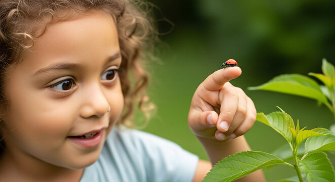 Young girl pointing at ladybug on leaf in garden during summer  