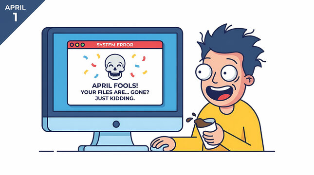 Man sitting at computer desk laughing.
