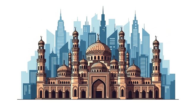 Majestic Mosque Against Vibrant City Skyline Digital Illustration