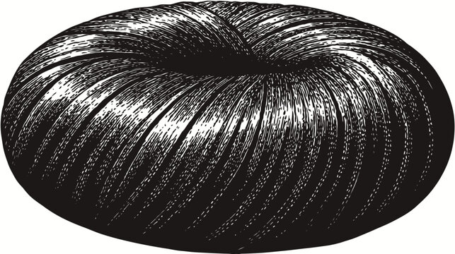 Textured, black elliptical mass with bright, curved striations on a white background