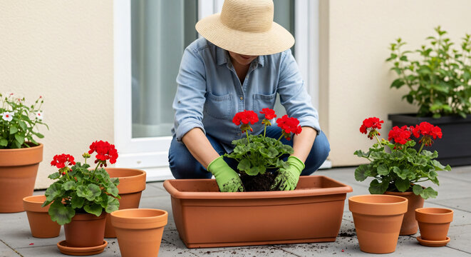 Woman gardening and planting red geraniums in terracotta pots  