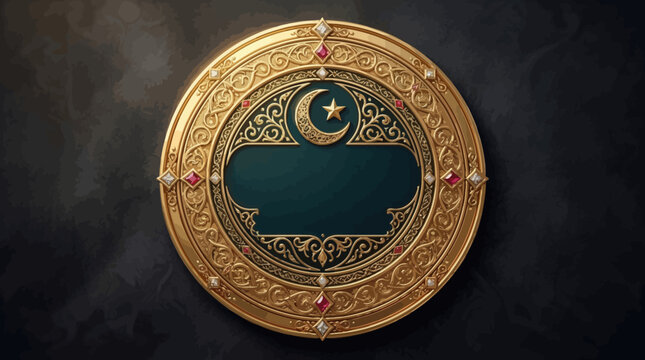 Gold round coin medallion with crescent moon and star emblem.