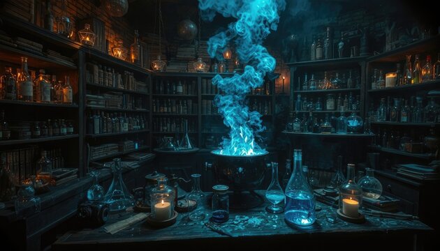 Mysterious alchemical laboratory with glowing cauldron, bubbling potions, and ancient books perfect for fantasy or historical presentations