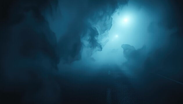 Eerie fog-shrouded pathway with distant light sources, perfect for mysterious presentations, dramatic events, or any theme requiring atmospheric suspense and intrigue.