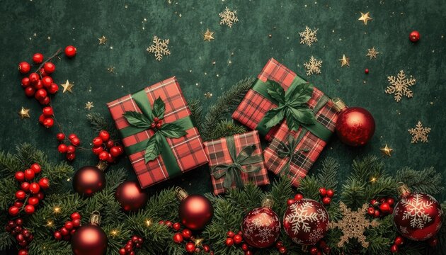 Festive holiday arrangement of wrapped gifts, ornaments, and evergreen boughs for seasonal greetings and celebrations