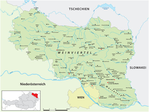 Map of the Weinviertel region in northeastern Lower Austria, Austria