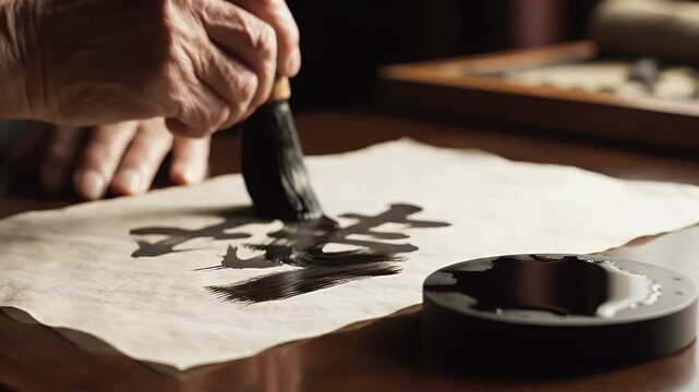 Calligraphy Inking - Close-up of a person's hand using a traditional calligraphy brush with black ink to create artistic strokes on parchment paper. An inkwell with ink sits nearby.
