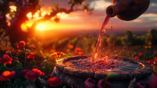 Robigalia:Roman Flamen priest pouring dark red wine from a detailed terracotta amphora onto an ancient carved stone altar at twilight