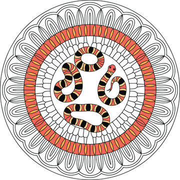 Three striped coral snakes inside a circular mandala pattern with orange and black colors