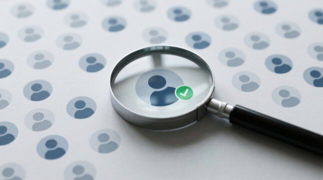 Resume screening during job search with magnifier focused on selected profile icon showing applicant filtering recruiter analysis qualification review and hiring decision workflow