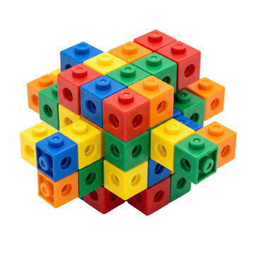 Multi-colored plastic math manipulative cubes connected on transparent background PNG