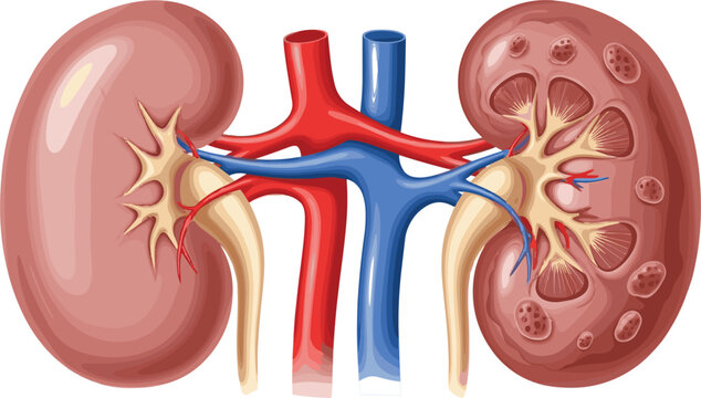 Human kidney anatomy medical illustration showing renal system cross section with arteries veins ureter internal structure healthcare biology education vector