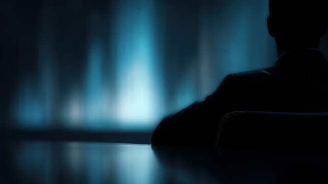 Executive sitting in a dark boardroom, glowing holographic charts, authoritative mood