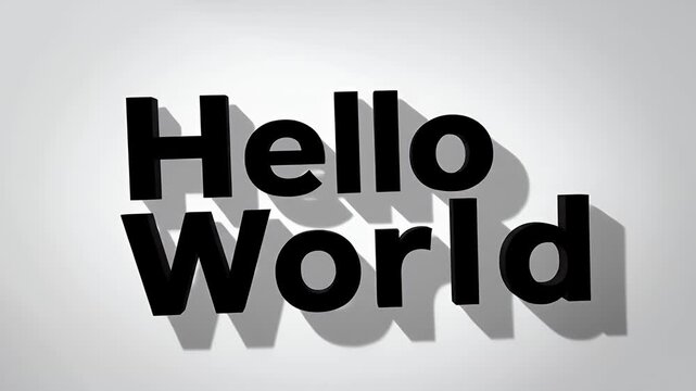 3D "Hello World" Text with Shadows - A 3D video of the phrase "Hello World" with bold black letters casting distinct shadows on a plain white background.