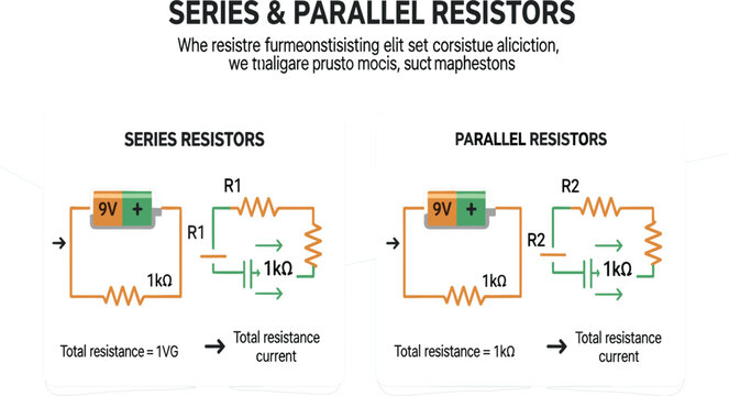 Series and parallel resistors electrical circuit comparison infographic showing resistance calculation current flow and 9V battery physics education vector illustration