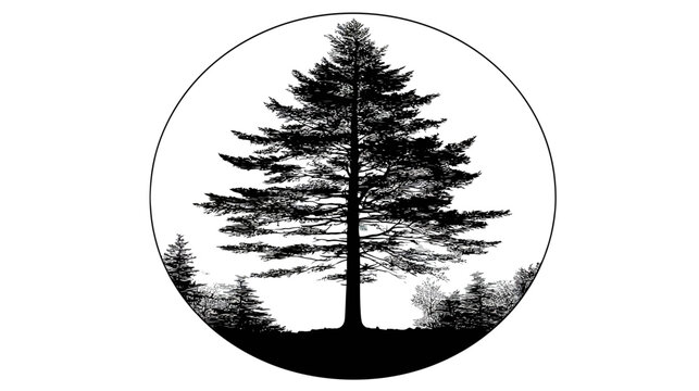 Silhouette of pine trees in an oval frame, black and white, sparse foliage