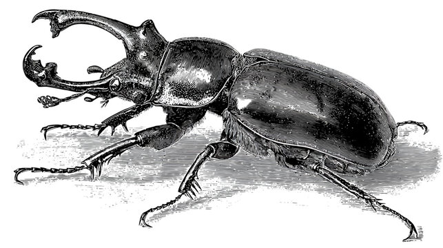 Intricate ink-style drawing of a large horned beetle, detailed and dramatic