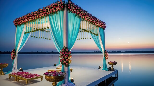 Traditional Hindu Wedding Mandap on a Lakeside Platform at Sunset with Floral Decor