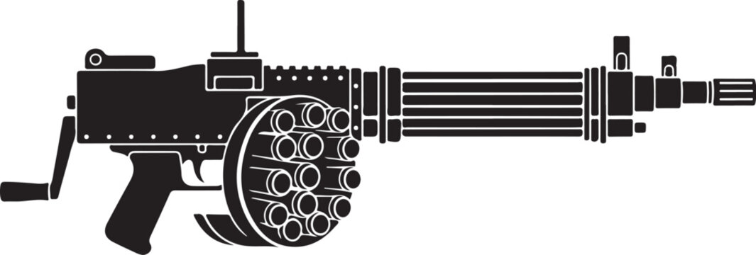 Machine gun, Gatling gun, heavy weapon, black illustration, vector graphic