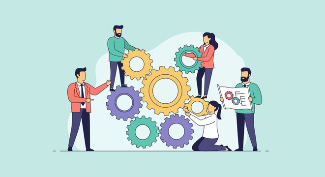 Teamwork and collaboration with gears, business people working together, strategy and success