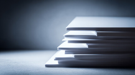 Obraz premium Stacks of blank papers in soft lighting, showcasing simplicity and organization, ideal for business or creative contexts.