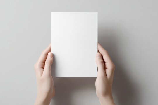 DL flyer mockup, hands holding blank paper, neutral lighting, professional presentation style