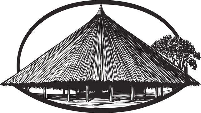 A black and white illustration of a hut with a thatched roof and a tree