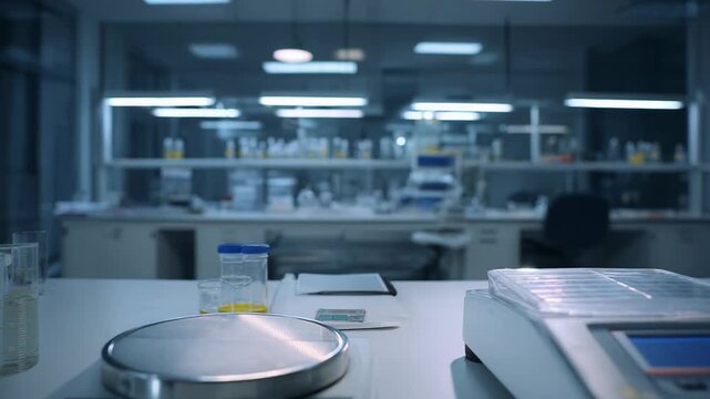 Modern medical research bench with laboratory scales and glassware arranged for precise measurement and experimentation in a clean, bright, sterile scientific facility