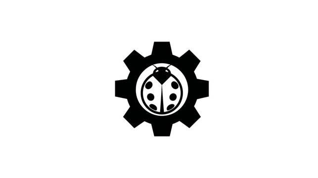 A black and white graphic showing a ladybug within a gear. Ladybug has 7 spots