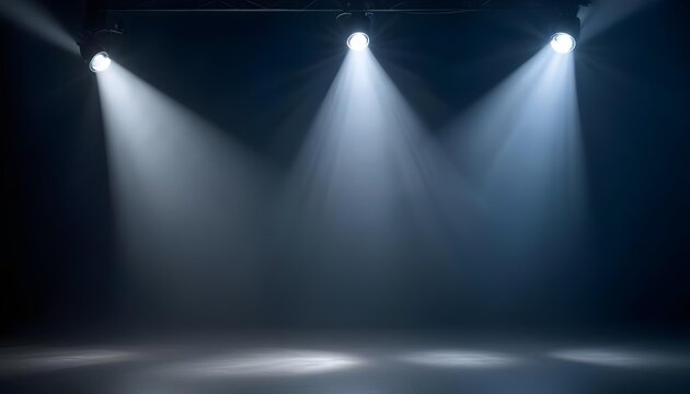 Three professional stage spotlights hanging from metal truss project intense white light beams downward onto dark empty floor creating atmospheric haze and dramatic contrast for theater production.
