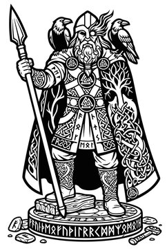 Odin Allfather Norse Mythology God with Spear and Ravens, Viking Warrior Chieftain Vector Silhouette with Runes and Valknut Symbols for Tattoo Flash, Apparel, and Merchandise