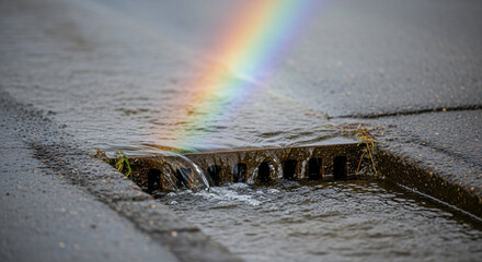 Fototapeta premium Rainbow reflecting over a drainage grate with flowing water 