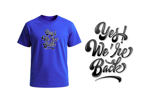 A blue t-shirt with a black and gold graphic design on the front