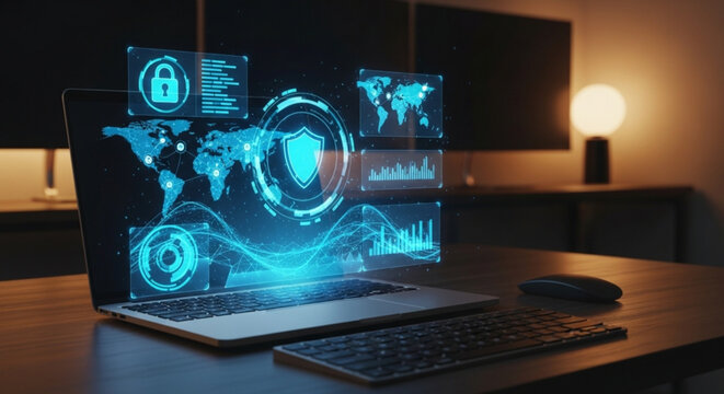 A laptop computer displaying a cybersecurity interface on its screen in a dark room
