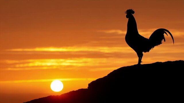 Silhouette of rooster crowing at sunrise
