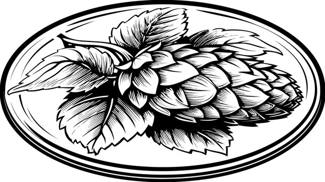Black and white drawing of hops inside of an oval border