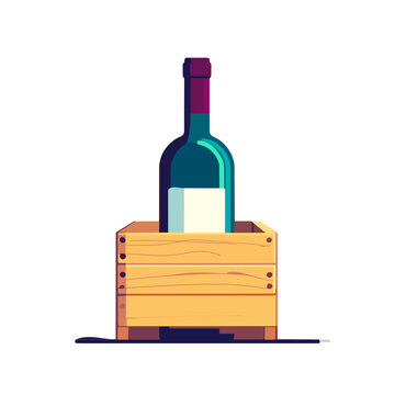 Wine Bottle in Wood Crate. Minimalist Wine Bottle in Wooden Box Vector Illustration. Wine Industry Concept Isolated Artwork With Clean Style. Vector Wine Logo design inspiration.