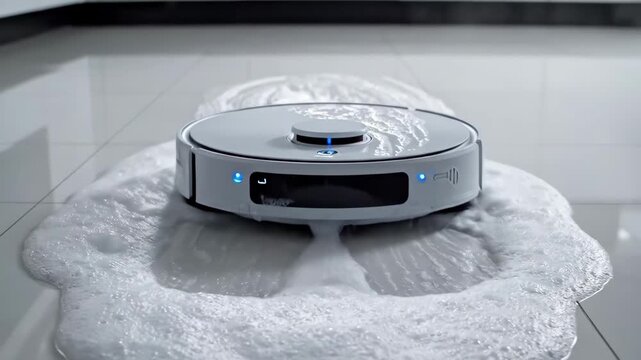 Robot Vacuum Mopping Glossy White Tile Floor With Thick Foam And Steam, Closeup Of Circular Unit Gliding Through Suds, Smart Sensor Navigation, Efficient Spotless Finish, Commercial Product Showcase.