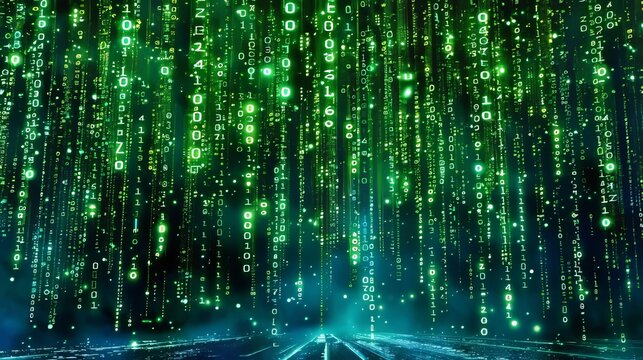 Vertical streams of green blue binary code rain on dark blue background with glowing highlights