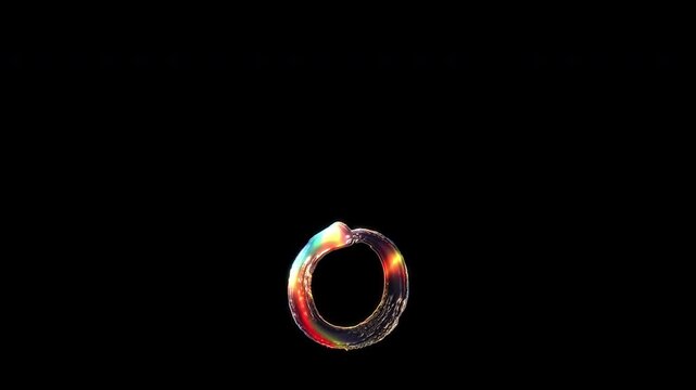A brush-painted Japanese punctuation mark "句読点" shimmering with various colored lights on a glass-like surface with an alpha channel. Seamless loop video.