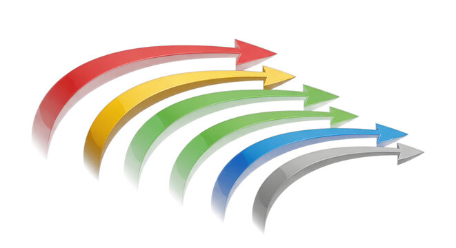 3d curved parabolic long red yellow green blue arrows set vector illustration on isolated white and transparent backgroundon black background